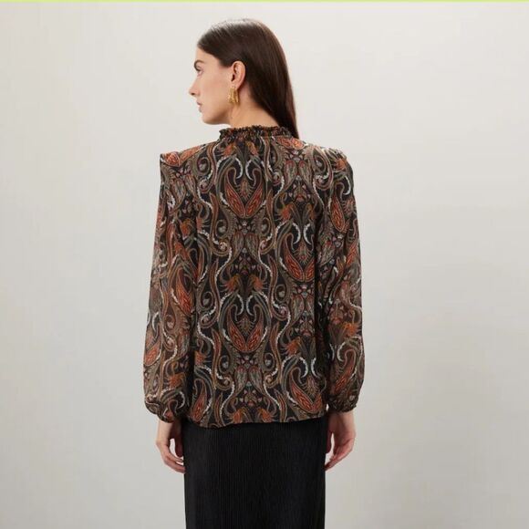 Misa Los Angeles Helena print Black Brown Puff sheer peasant Blouse NWT XXS - Picture 4 of 11